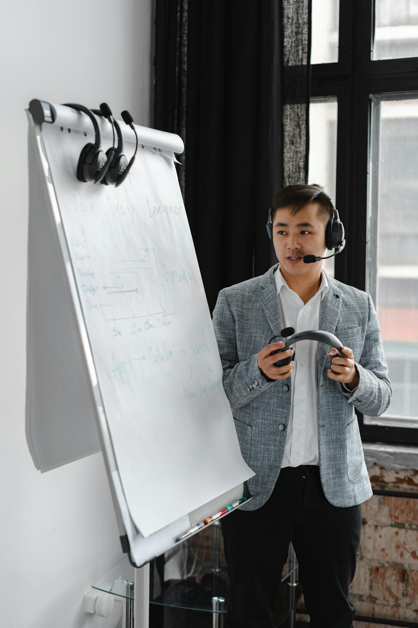 Asian man with headset explains on a flipchart during a virtual meeting. Ideal for business and communication themes.
